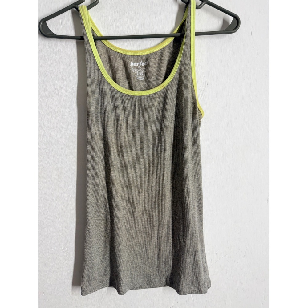 Old Navy Perfect Tank Top Womens Medium Grey Neon Yellow Ribbed Sleeveless Scoop